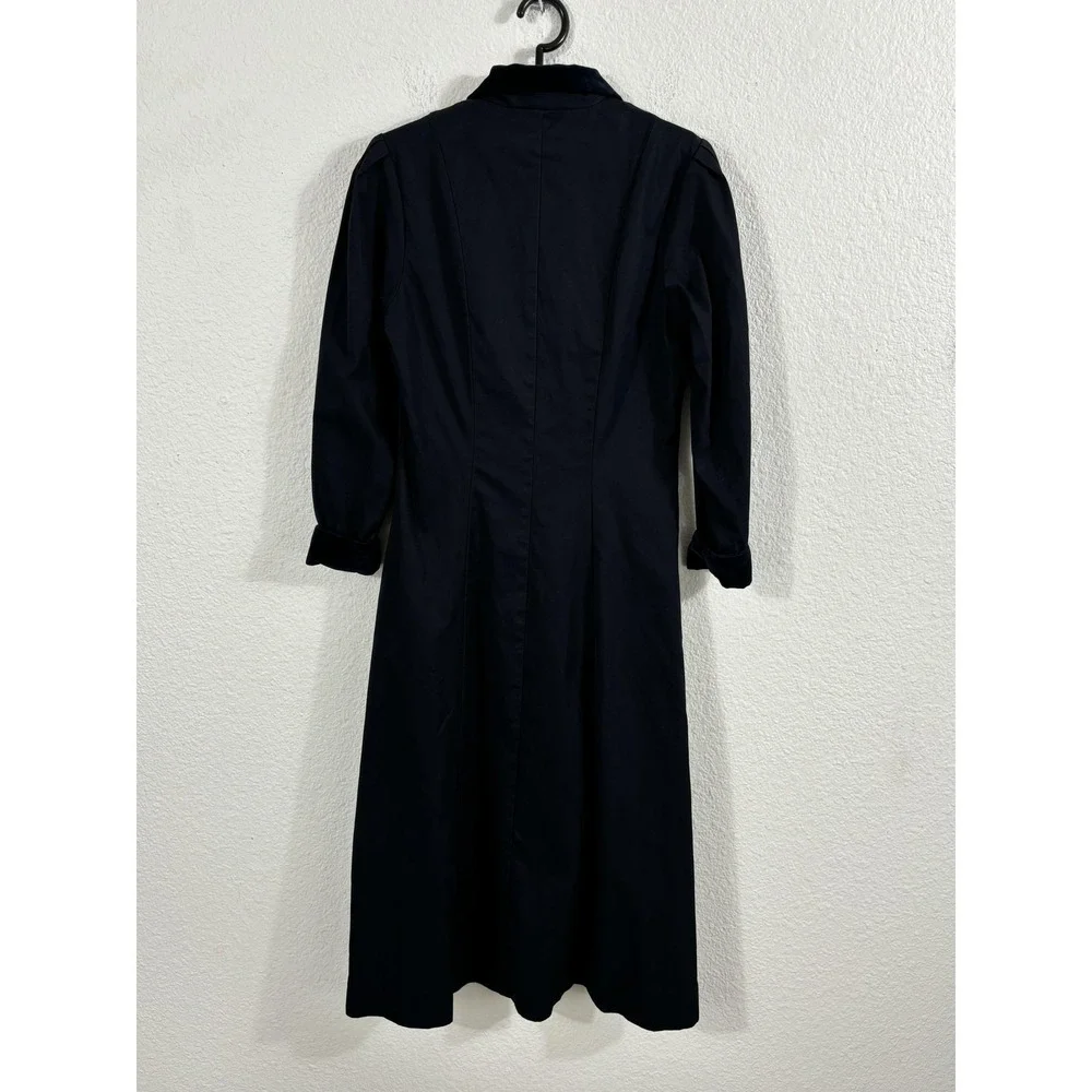 J Peterman Company Dress Womens 6 Navy Blue Velvet Collar Cuffs Long Midi A-Line
